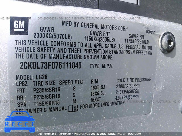 2007 Pontiac Torrent 2CKDL73F076111840 зображення 8