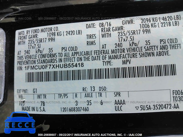 2017 FORD ESCAPE 1FMCU0F7XHUB55418 image 8