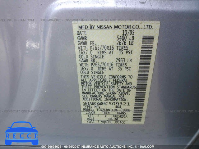 2006 Nissan Xterra OFF ROAD/S/SE 5N1AN08W86C509321 зображення 8