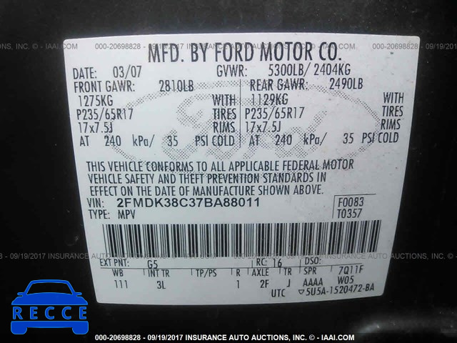 2007 Ford Edge 2FMDK38C37BA88011 зображення 8