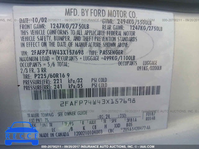 2003 Ford Crown Victoria LX 2FAFP74W43X157698 image 8