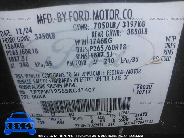 2005 Ford F150 1FTPW12565KC41407 зображення 8