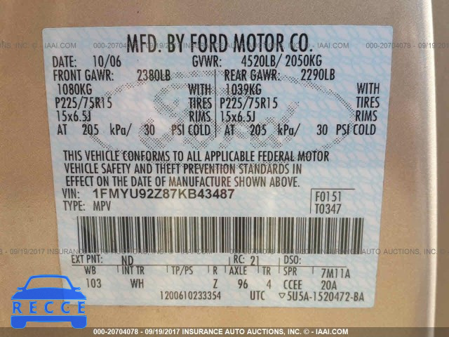 2007 Ford Escape 1FMYU92Z87KB43487 image 8