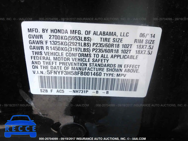 2015 Honda Pilot EXL 5FNYF3H58FB001460 image 8