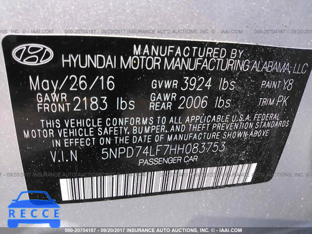 2017 HYUNDAI ELANTRA 5NPD74LF7HH083753 image 8