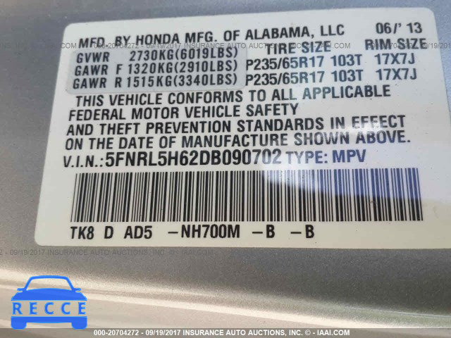 2013 Honda Odyssey EXL 5FNRL5H62DB090702 image 8