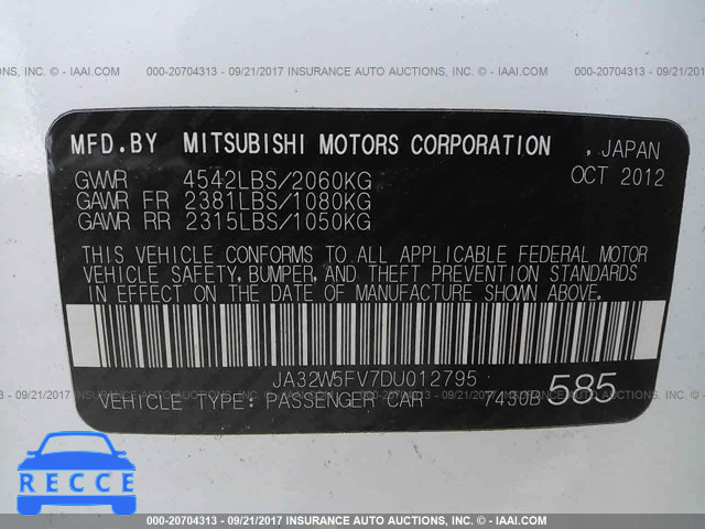 2013 Mitsubishi Lancer EVOLUTION MR JA32W5FV7DU012795 image 8