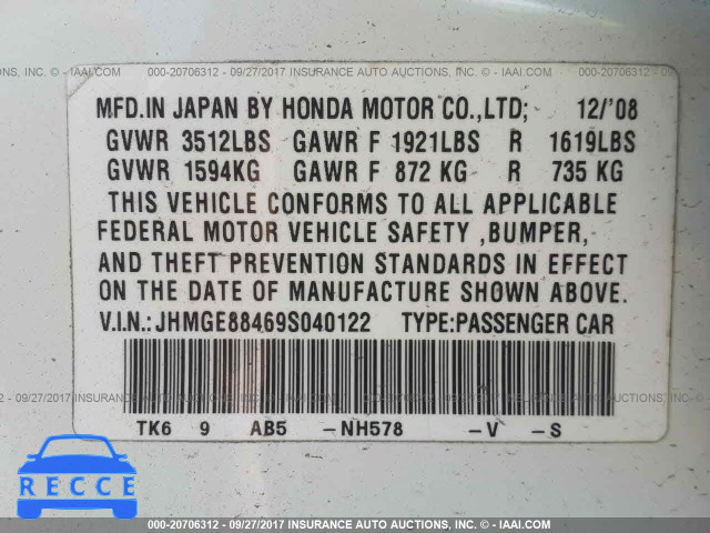2009 Honda FIT JHMGE88469S040122 image 8