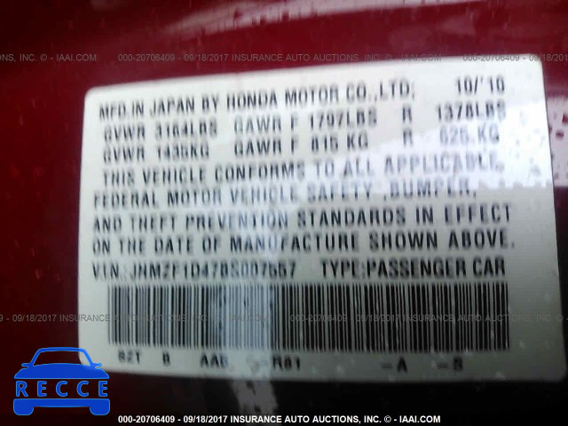 2011 Honda CR-Z JHMZF1D47BS007557 image 8