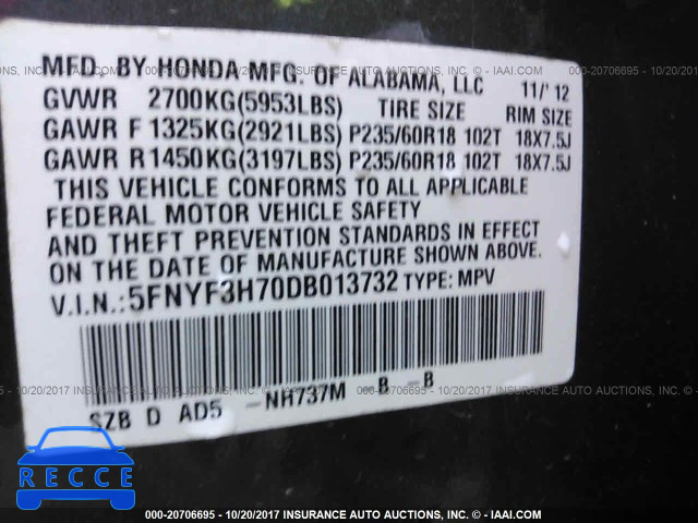 2013 Honda Pilot EXLN 5FNYF3H70DB013732 image 8