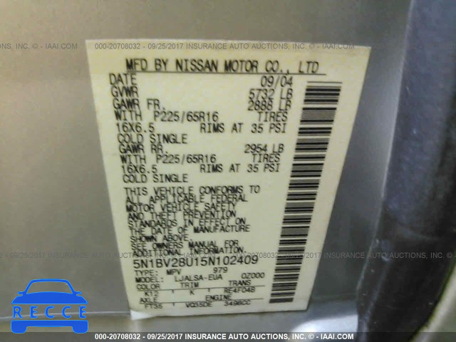2005 Nissan Quest S/SE/SL 5N1BV28U15N102409 зображення 8