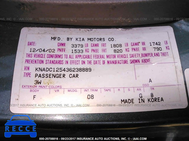 2003 KIA RIO KNADC125436238889 image 8