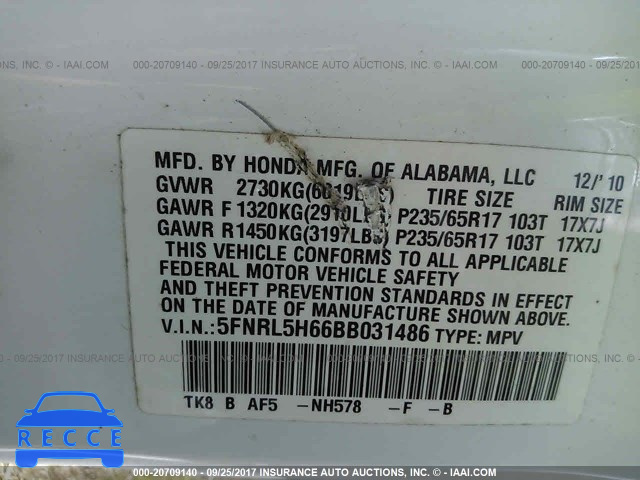 2011 Honda Odyssey EXL 5FNRL5H66BB031486 image 8