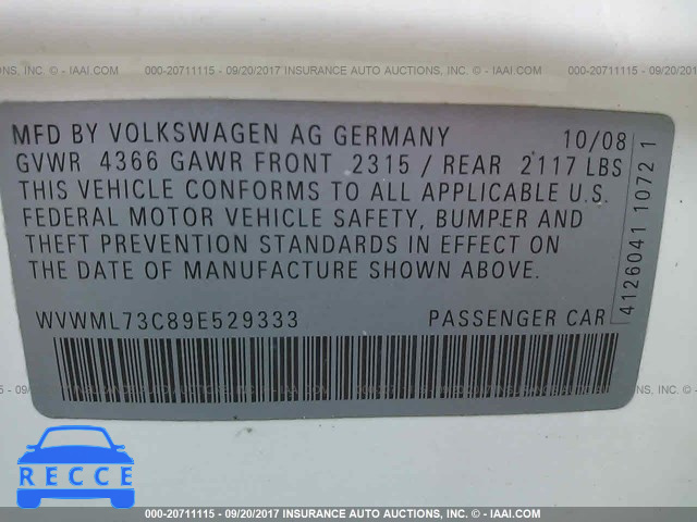 2009 Volkswagen CC SPORT WVWML73C89E529333 image 8