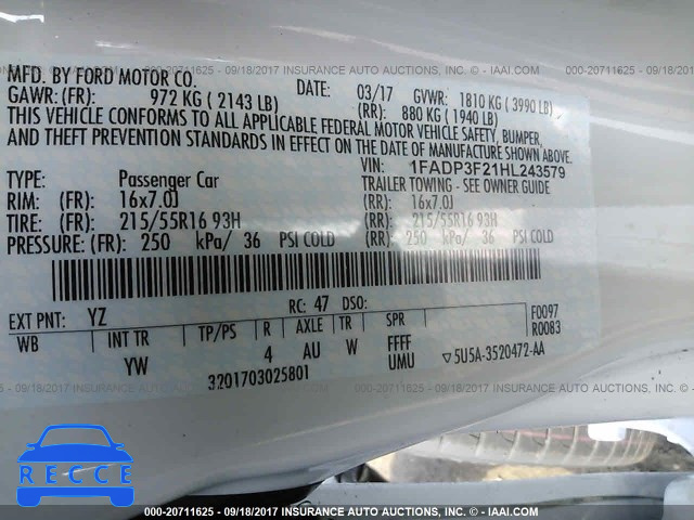 2017 FORD FOCUS 1FADP3F21HL243579 image 8