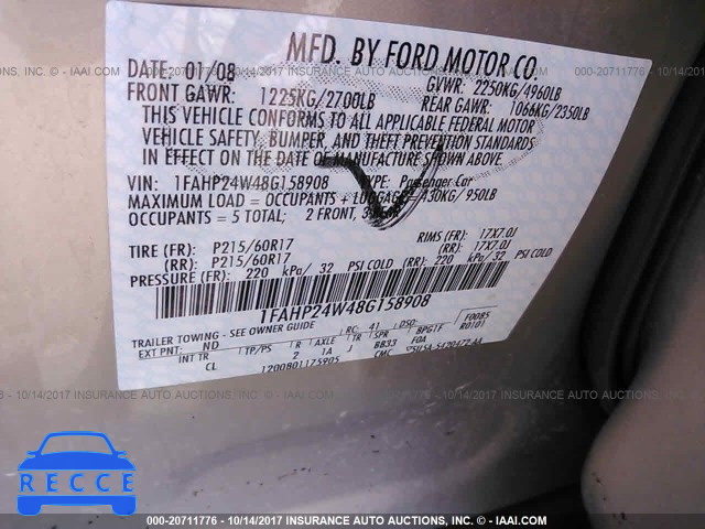 2008 FORD TAURUS 1FAHP24W48G158908 image 8