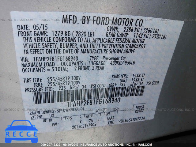 2015 Ford Taurus LIMITED 1FAHP2F81FG168940 Bild 8