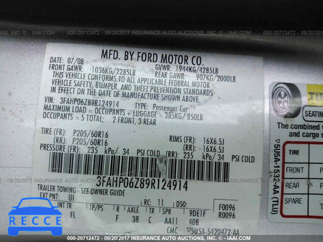 2009 Ford Fusion 3FAHP06Z89R124914 image 8