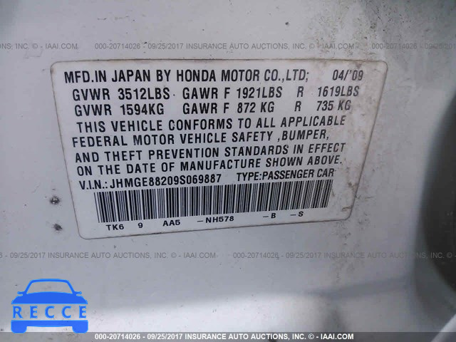 2009 Honda FIT JHMGE88209S069887 image 8