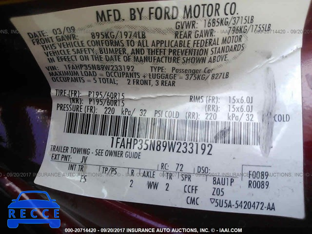 2009 Ford Focus 1FAHP35N89W233192 image 8