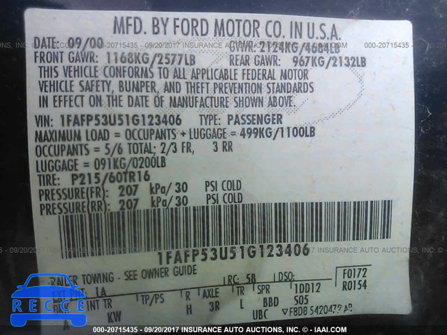 2001 Ford Taurus 1FAFP53U51G123406 image 8