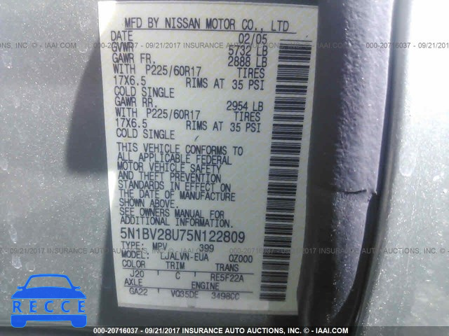 2005 Nissan Quest 5N1BV28U75N122809 image 8