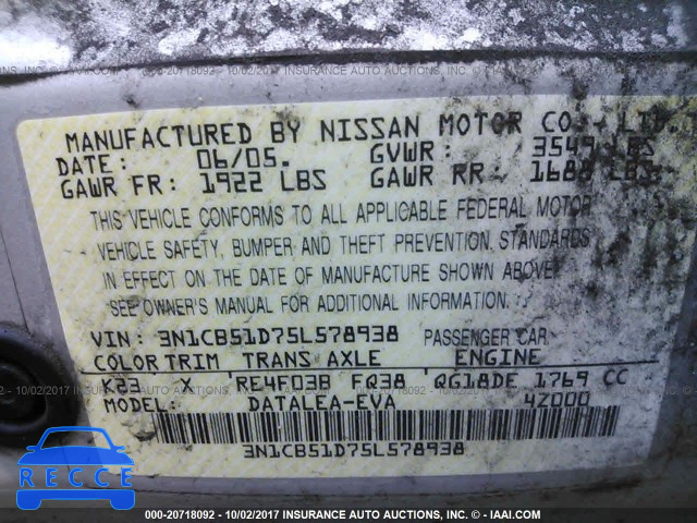 2005 Nissan Sentra 3N1CB51D75L578938 image 8