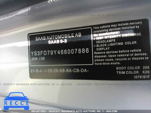 2006 Saab 9-3 YS3FD79Y466007886 зображення 8