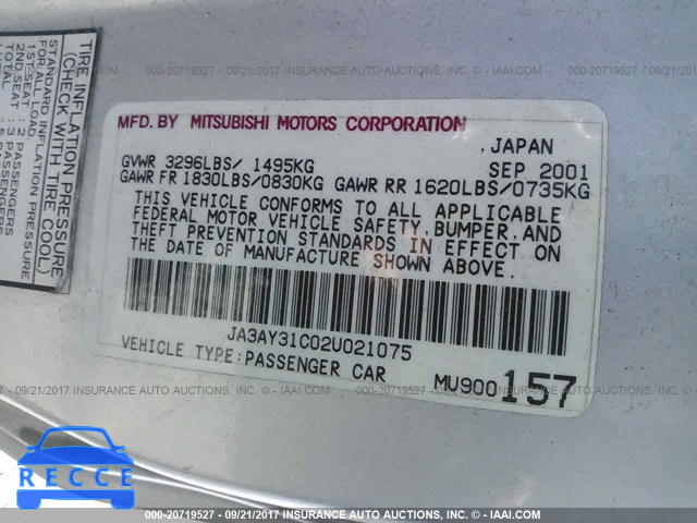 2002 MITSUBISHI MIRAGE JA3AY31C02U021075 image 8