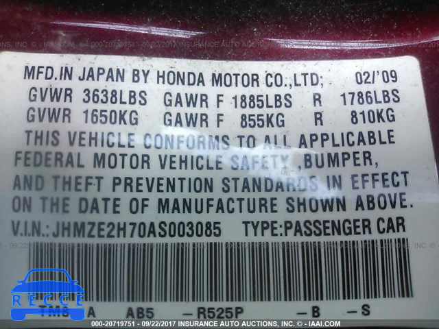 2010 HONDA INSIGHT EX JHMZE2H70AS003085 image 8