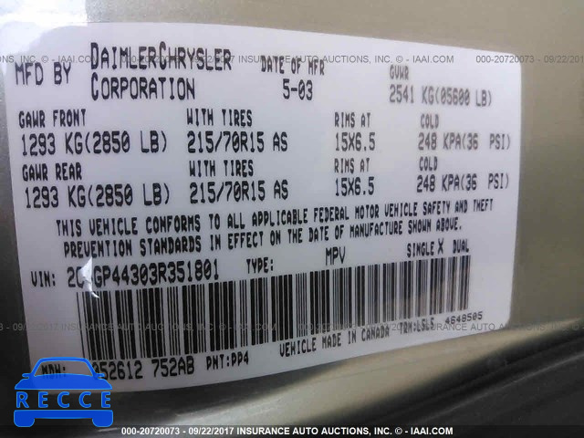 2003 Chrysler Town and Country 2C4GP44303R351801 зображення 8