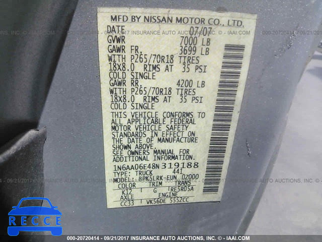 2008 Nissan Titan XE/SE/LE 1N6AA06E48N319188 image 8