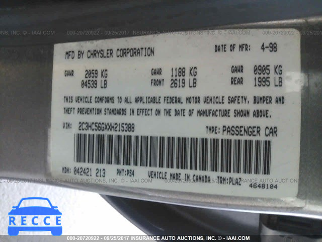 1999 Chrysler LHS 2C3HC56GXXH215388 image 8