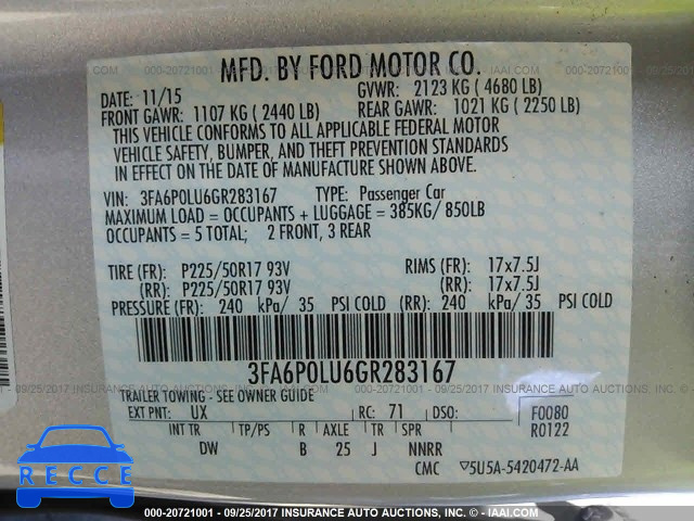 2016 Ford Fusion 3FA6P0LU6GR283167 image 8