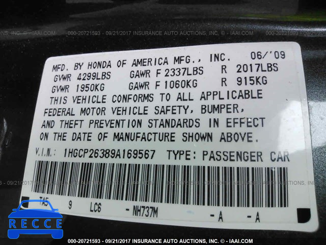 2009 HONDA ACCORD 1HGCP26389A169567 image 8
