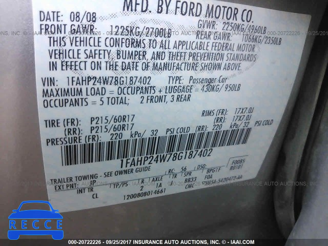 2008 Ford Taurus 1FAHP24W78G187402 image 8