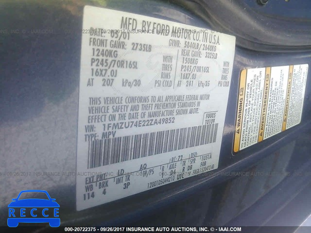 2002 FORD EXPLORER 1FMZU74E22ZA49852 image 8