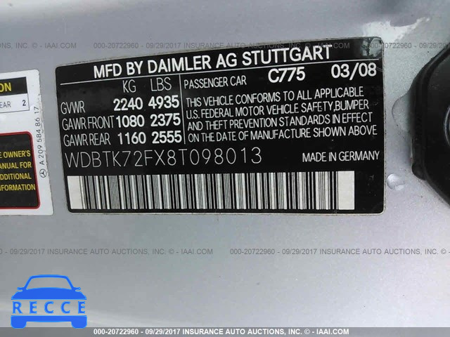 2008 Mercedes-benz CLK WDBTK72FX8T098013 image 8