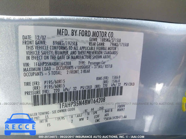 2008 Ford Focus 1FAHP35N48W164208 зображення 8