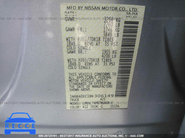 2011 Nissan Titan S/SV/SL/PRO-4X 1N6BA0EC1BN306149 image 8