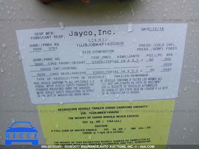 2015 JAYCO OTHER 1UJBJ0BK4F1430265 зображення 8