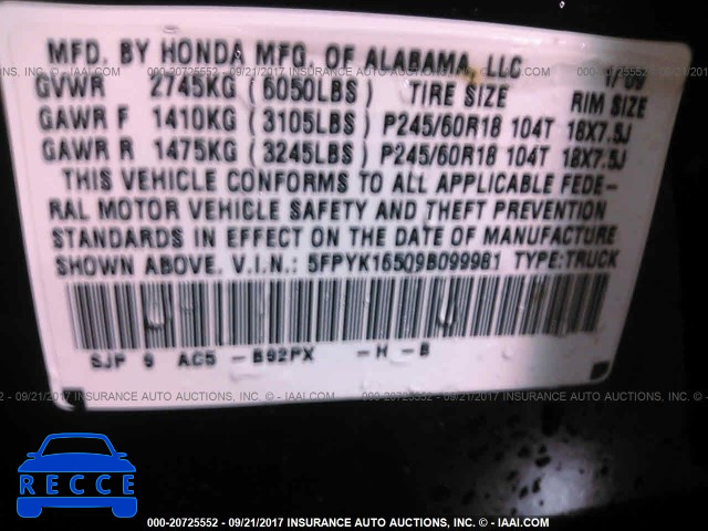 2009 Honda Ridgeline RTL 5FPYK16509B099981 image 8