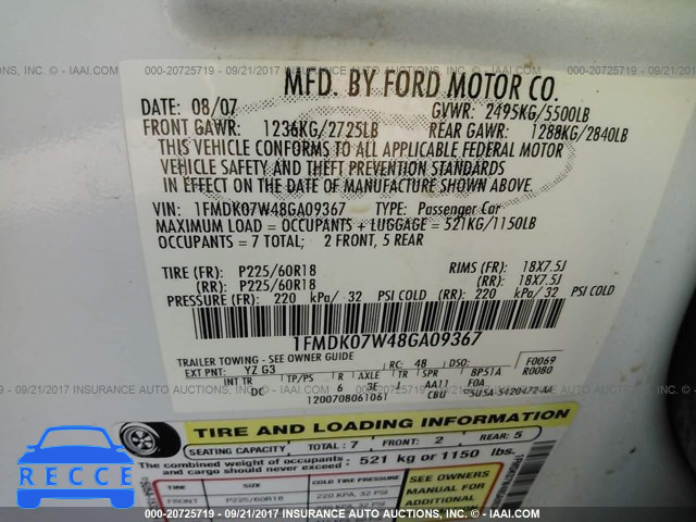 2008 Ford Taurus X EDDIE BAUER 1FMDK07W48GA09367 зображення 8