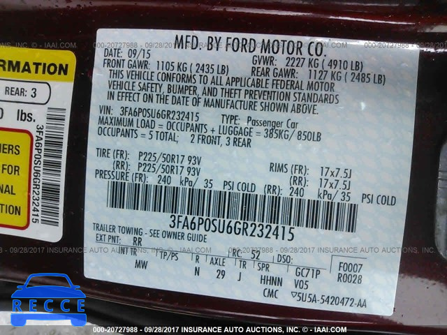 2016 Ford Fusion 3FA6P0SU6GR232415 image 8