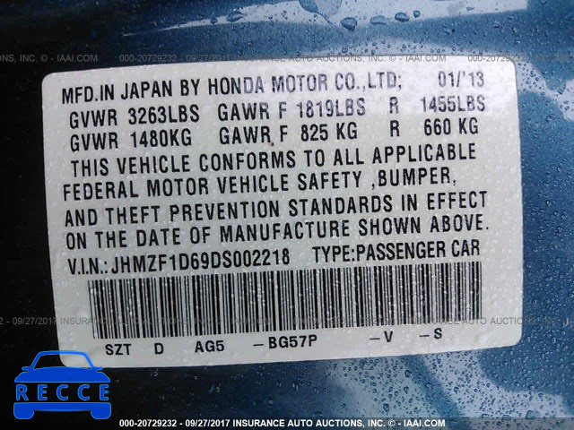 2013 Honda CR-Z EX JHMZF1D69DS002218 image 8