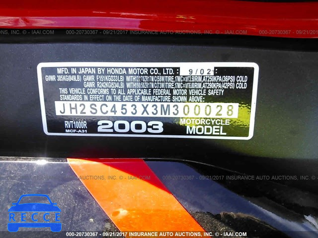 2003 Honda RVT1000 R JH2SC453X3M300028 зображення 9