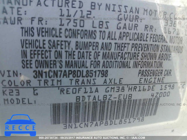2013 Nissan Versa 3N1CN7AP8DL851798 зображення 8
