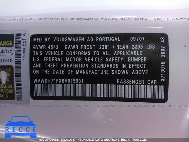 2008 Volkswagen EOS TURBO/KOMFORT WVWBA71FX8V015931 image 8