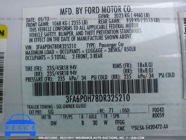 2013 Ford Fusion 3FA6P0H78DR325210 зображення 8