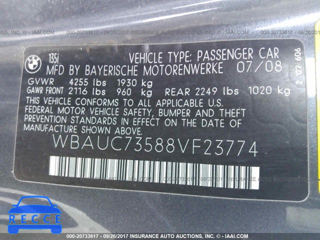 2008 BMW 135 I WBAUC73588VF23774 image 8